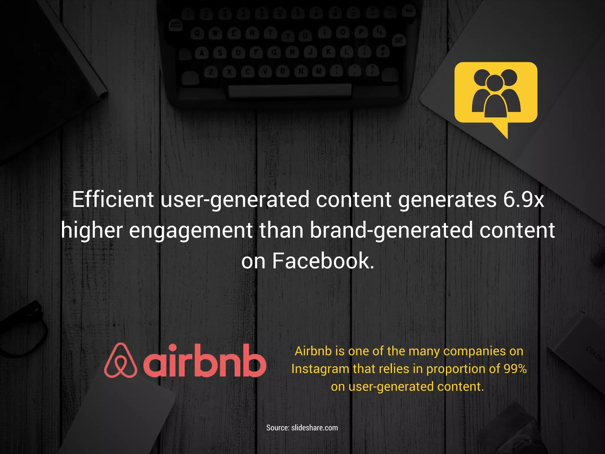 Efficient user-generated content generates 6.9x
higher engagement than brand-generated content
on Facebook.
Airbnb is one of the many companies on
Instagram that relies in proportion of 99%
on user-generated content. 
Source: slideshare.com
 