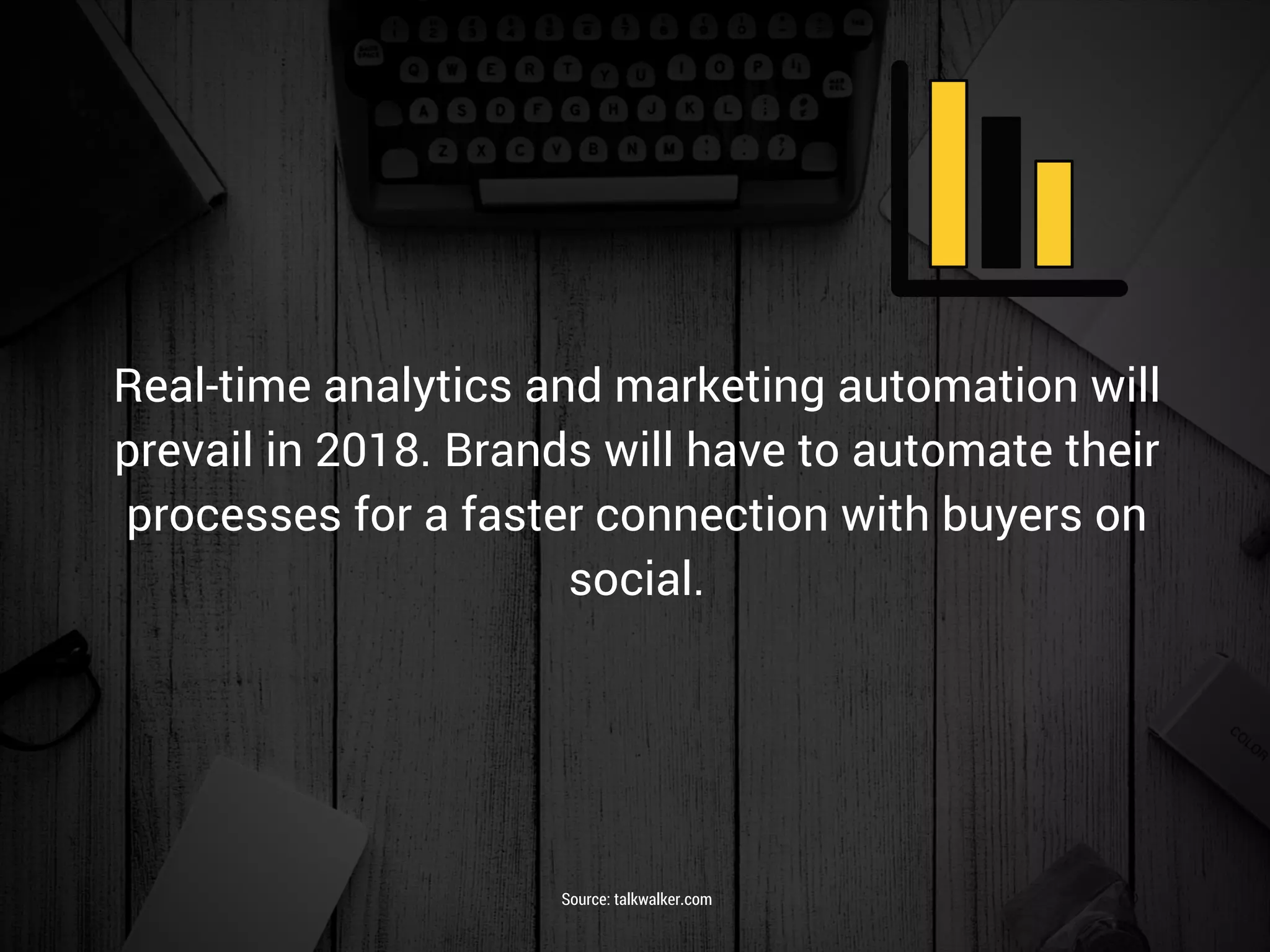 Real-time analytics and marketing automation will
prevail in 2018. Brands will have to automate their
processes for a faster connection with buyers on
social.
Source: talkwalker.com
 
