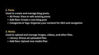 2. Posts
Used to create and manage blog posts.
All Posts: View or edit existing posts
Add New: Create a new blog post
Categories & Tags: Organize your content for SEO and navigation
3. Media
Used to upload and manage images, videos, and other files.
Library: Shows all uploaded files
Add New: Upload new media files
 