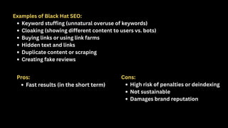 Examples of Black Hat SEO:
Keyword stuffing (unnatural overuse of keywords)
Cloaking (showing different content to users vs. bots)
Buying links or using link farms
Hidden text and links
Duplicate content or scraping
Creating fake reviews
Pros:
Fast results (in the short term)
Cons:
High risk of penalties or deindexing
Not sustainable
Damages brand reputation
 