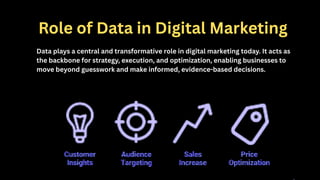 Role of Data in Digital Marketing
Data plays a central and transformative role in digital marketing today. It acts as
the backbone for strategy, execution, and optimization, enabling businesses to
move beyond guesswork and make informed, evidence-based decisions.
 