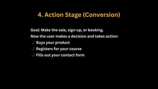 4. Action Stage (Conversion)
Goal: Make the sale, sign-up, or booking.
Now the user makes a decision and takes action:
✔Buys your product
✔Registers for your course
✔Fills out your contact form
 