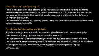 Influencer and Social Media Impact
Social media platforms have become global marketplaces and brand-building platforms.
59% of marketers plan to increase influencer partnerships in 2025, and 76% of social media
users say social content influenced their purchase decisions, with even higher influence
among Gen Z consumers.
This democratizes marketing, allowing brands to tap into local influencers worldwide to reach
niche markets authentically.
Data-Driven Decision Making and Analytics
Digital marketing’s real-time analytics empower global marketers to measure campaign
effectiveness precisely, optimize budgets, and improve ROI.
This contrasts with traditional marketing’s slower, less accurate measurement methods.
The rise of AI is further enhancing predictive analytics and automation, with 71% of marketers
planning substantial AI investments, boosting productivity and global campaign
performance.
 