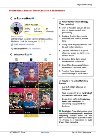 Digital Marketing ____
AISSMS COE, Pune Go to top By: Dr Nitin Shekapure
Social Media Reach: Video Creation & Submission
Ankur Warikoo’s Reels Strategy
(Video Marketing)
1. Short & Valuable: Delivers 60-sec
tips on finance, growth, and
productivity.
2. Relatable Stories: Uses real-life
examples with a casual, honest
tone.
3. Strong Hook: Begins with bold lines
to grab instant attention.
4. Captions & Overlays: Key points
shown on screen for clarity, even
without sound.
5. Consistent Style: Calm, direct
delivery builds brand trust.
6. Smart CTAs: Encourages follows,
course visits, and book views.
7. Trending Tools: Uses popular
audio/hashtags to boost reach.
Results of His Video Marketing
Strategy
• Over 3.7 million followers on
Instagram.
• Reels consistently cross hundreds of
thousands to millions of views.
• Drives direct traffic to his courses,
books, and newsletters —
converting engagement into
business.
Conclusion: Ankur Warikoo is a prime
example of how educational + emotional
storytelling through Reels can fuel
personal branding and business success.
His strategy is a masterclass in trust-
driven video marketing.
 