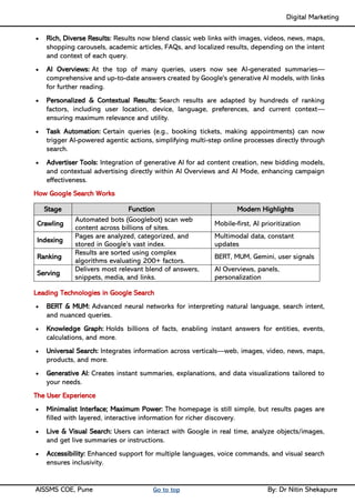 Digital Marketing ____
AISSMS COE, Pune Go to top By: Dr Nitin Shekapure
• Rich, Diverse Results: Results now blend classic web links with images, videos, news, maps,
shopping carousels, academic articles, FAQs, and localized results, depending on the intent
and context of each query.
• AI Overviews: At the top of many queries, users now see AI-generated summaries—
comprehensive and up-to-date answers created by Google's generative AI models, with links
for further reading.
• Personalized & Contextual Results: Search results are adapted by hundreds of ranking
factors, including user location, device, language, preferences, and current context—
ensuring maximum relevance and utility.
• Task Automation: Certain queries (e.g., booking tickets, making appointments) can now
trigger AI-powered agentic actions, simplifying multi-step online processes directly through
search.
• Advertiser Tools: Integration of generative AI for ad content creation, new bidding models,
and contextual advertising directly within AI Overviews and AI Mode, enhancing campaign
effectiveness.
How Google Search Works
Stage Function Modern Highlights
Crawling
Automated bots (Googlebot) scan web
content across billions of sites.
Mobile-first, AI prioritization
Indexing
Pages are analyzed, categorized, and
stored in Google’s vast index.
Multimodal data, constant
updates
Ranking
Results are sorted using complex
algorithms evaluating 200+ factors.
BERT, MUM, Gemini, user signals
Serving
Delivers most relevant blend of answers,
snippets, media, and links.
AI Overviews, panels,
personalization
Leading Technologies in Google Search
• BERT & MUM: Advanced neural networks for interpreting natural language, search intent,
and nuanced queries.
• Knowledge Graph: Holds billions of facts, enabling instant answers for entities, events,
calculations, and more.
• Universal Search: Integrates information across verticals—web, images, video, news, maps,
products, and more.
• Generative AI: Creates instant summaries, explanations, and data visualizations tailored to
your needs.
The User Experience
• Minimalist Interface; Maximum Power: The homepage is still simple, but results pages are
filled with layered, interactive information for richer discovery.
• Live & Visual Search: Users can interact with Google in real time, analyze objects/images,
and get live summaries or instructions.
• Accessibility: Enhanced support for multiple languages, voice commands, and visual search
ensures inclusivity.
 