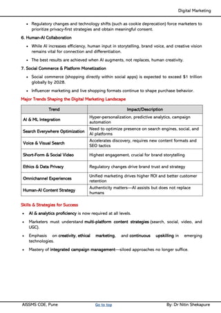 Digital Marketing ____
AISSMS COE, Pune Go to top By: Dr Nitin Shekapure
• Regulatory changes and technology shifts (such as cookie deprecation) force marketers to
prioritize privacy-first strategies and obtain meaningful consent.
6. Human-AI Collaboration
• While AI increases efficiency, human input in storytelling, brand voice, and creative vision
remains vital for connection and differentiation.
• The best results are achieved when AI augments, not replaces, human creativity.
7. Social Commerce & Platform Monetization
• Social commerce (shopping directly within social apps) is expected to exceed $1 trillion
globally by 2028.
• Influencer marketing and live shopping formats continue to shape purchase behavior.
Major Trends Shaping the Digital Marketing Landscape
Trend Impact/Description
AI & ML Integration
Hyper-personalization, predictive analytics, campaign
automation
Search Everywhere Optimization
Need to optimize presence on search engines, social, and
AI platforms
Voice & Visual Search
Accelerates discovery, requires new content formats and
SEO tactics
Short-Form & Social Video Highest engagement, crucial for brand storytelling
Ethics & Data Privacy Regulatory changes drive brand trust and strategy
Omnichannel Experiences
Unified marketing drives higher ROI and better customer
retention
Human-AI Content Strategy
Authenticity matters—AI assists but does not replace
humans
Skills & Strategies for Success
• AI & analytics proficiency is now required at all levels.
• Marketers must understand multi-platform content strategies (search, social, video, and
UGC).
• Emphasis on creativity, ethical marketing, and continuous upskilling in emerging
technologies.
• Mastery of integrated campaign management—siloed approaches no longer suffice.
 