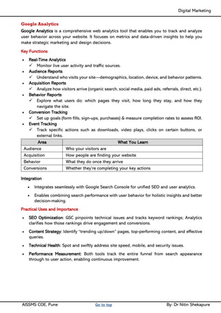 Digital Marketing ____
AISSMS COE, Pune Go to top By: Dr Nitin Shekapure
Google Analytics
Google Analytics is a comprehensive web analytics tool that enables you to track and analyze
user behavior across your website. It focuses on metrics and data-driven insights to help you
make strategic marketing and design decisions.
Key Functions
• Real-Time Analytics
✓ Monitor live user activity and traffic sources.
• Audience Reports
✓ Understand who visits your site—demographics, location, device, and behavior patterns.
• Acquisition Reports
✓ Analyze how visitors arrive (organic search, social media, paid ads, referrals, direct, etc.).
• Behavior Reports
✓ Explore what users do: which pages they visit, how long they stay, and how they
navigate the site.
• Conversion Tracking
✓ Set up goals (form fills, sign-ups, purchases) & measure completion rates to assess ROI.
• Event Tracking
✓ Track specific actions such as downloads, video plays, clicks on certain buttons, or
external links.
Area What You Learn
Audience Who your visitors are
Acquisition How people are finding your website
Behavior What they do once they arrive
Conversions Whether they’re completing your key actions
Integration
• Integrates seamlessly with Google Search Console for unified SEO and user analytics.
• Enables combining search performance with user behavior for holistic insights and better
decision-making.
Practical Uses and Importance
• SEO Optimization: GSC pinpoints technical issues and tracks keyword rankings; Analytics
clarifies how those rankings drive engagement and conversions.
• Content Strategy: Identify “trending up/down” pages, top-performing content, and effective
queries.
• Technical Health: Spot and swiftly address site speed, mobile, and security issues.
• Performance Measurement: Both tools track the entire funnel from search appearance
through to user action, enabling continuous improvement.
 