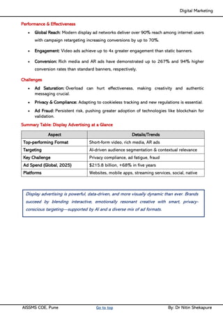 Digital Marketing ____
AISSMS COE, Pune Go to top By: Dr Nitin Shekapure
Performance & Effectiveness
• Global Reach: Modern display ad networks deliver over 90% reach among internet users
with campaign retargeting increasing conversions by up to 70%.
• Engagement: Video ads achieve up to 4x greater engagement than static banners.
• Conversion: Rich media and AR ads have demonstrated up to 267% and 94% higher
conversion rates than standard banners, respectively.
Challenges
• Ad Saturation: Overload can hurt effectiveness, making creativity and authentic
messaging crucial.
• Privacy & Compliance: Adapting to cookieless tracking and new regulations is essential.
• Ad Fraud: Persistent risk, pushing greater adoption of technologies like blockchain for
validation.
Summary Table: Display Advertising at a Glance
Aspect Details/Trends
Top-performing Format Short-form video, rich media, AR ads
Targeting AI-driven audience segmentation & contextual relevance
Key Challenge Privacy compliance, ad fatigue, fraud
Ad Spend (Global, 2025) $215.8 billion, +68% in five years
Platforms Websites, mobile apps, streaming services, social, native
Display advertising is powerful, data-driven, and more visually dynamic than ever. Brands
succeed by blending interactive, emotionally resonant creative with smart, privacy-
conscious targeting—supported by AI and a diverse mix of ad formats.
 
