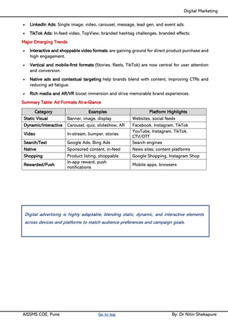 Digital Marketing ____
AISSMS COE, Pune Go to top By: Dr Nitin Shekapure
• LinkedIn Ads: Single image, video, carousel, message, lead gen, and event ads.
• TikTok Ads: In-feed video, TopView, branded hashtag challenges, branded effects.
Major Emerging Trends
• Interactive and shoppable video formats are gaining ground for direct product purchase and
high engagement.
• Vertical and mobile-first formats (Stories, Reels, TikTok) are now central for user attention
and conversion.
• Native ads and contextual targeting help brands blend with content, improving CTRs and
reducing ad fatigue.
• Rich media and AR/VR boost immersion and drive memorable brand experiences.
Summary Table: Ad Formats At-a-Glance
Category Examples Platform Highlights
Static Visual Banner, image, display Websites, social feeds
Dynamic/Interactive Carousel, quiz, slideshow, AR Facebook, Instagram, TikTok
Video In-stream, bumper, stories
YouTube, Instagram, TikTok,
CTV/OTT
Search/Text Google Ads, Bing Ads Search engines
Native Sponsored content, in-feed News sites, content platforms
Shopping Product listing, shoppable Google Shopping, Instagram Shop
Rewarded/Push
In-app reward, push
notifications
Mobile apps, browsers
Digital advertising is highly adaptable, blending static, dynamic, and interactive elements
across devices and platforms to match audience preferences and campaign goals.
 