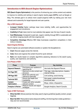 Digital Marketing ____
AISSMS COE, Pune Go to top By: Dr Nitin Shekapure
Introduction to SEO (Search Engine Optimization)
SEO (Search Engine Optimization) is the practice of enhancing your online content and website
to improve its visibility and ranking in search engine results pages (SERPs), such as Google or
Bing. The ultimate goal is to attract more unpaid (organic) traffic by making your site more
relevant and trustworthy for target keywords and user queries.
Why is SEO Important?
• Increased Visibility: Higher rankings mean more visibility, traffic, and opportunities for
engagement and conversions.
• Credibility & Trust: Users tend to trust websites that appear near the top of search results.
• Cost Effectiveness: Compared to paid ads, organic visibility through SEO is sustainable and
can deliver ongoing results with less ongoing cost.
• Competitive Advantage: Effective SEO helps businesses outperform competitors in their
niche or industry.
Search Engines Working
Search engines use automated software (crawlers or spiders like Googlebot) to:
1. Crawl: Discover pages across the internet.
2. Index: Store and organize the content found for quick retrieval.
3. Rank: List results based on complex algorithms assessing relevance to the search query,
quality, user experience, and authority.
Core Phases of SEO
Phase Purpose Key Activities
Keyword Research
Find terms your audience is
searching for
Use tools like Keyword Planner
On-Page SEO
Optimize on-site content and
structure
Title tags, meta descriptions, headers,
internal linking
Off-Page SEO
Build site authority and
relevance externally
Link building, social sharing
Technical SEO
Ensure site health and
crawlability
Site speed, mobile-friendliness,
structured data
Content
Optimization
Create and refine valuable,
relevant content
Blogs, videos, infographics
Analytics & Review
Measure results and adjust
strategies
Google Analytics, Search Console
Types of SEO Techniques
• White Hat SEO: Ethical practices that obey search engine guidelines (quality content, proper
tagging).
• Black Hat SEO: Manipulative tactics (keyword stuffing, link farming) that violate guidelines—
risky and not recommended.
 