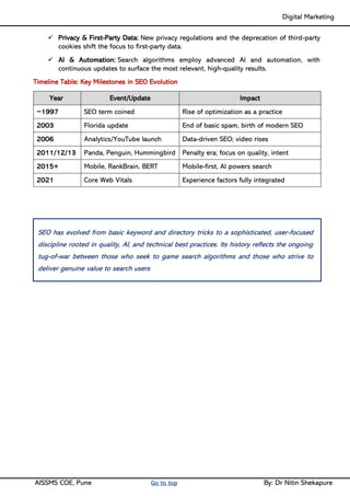 Digital Marketing ____
AISSMS COE, Pune Go to top By: Dr Nitin Shekapure
✓ Privacy & First-Party Data: New privacy regulations and the deprecation of third-party
cookies shift the focus to first-party data.
✓ AI & Automation: Search algorithms employ advanced AI and automation, with
continuous updates to surface the most relevant, high-quality results.
Timeline Table: Key Milestones in SEO Evolution
Year Event/Update Impact
~1997 SEO term coined Rise of optimization as a practice
2003 Florida update End of basic spam, birth of modern SEO
2006 Analytics/YouTube launch Data-driven SEO; video rises
2011/12/13 Panda, Penguin, Hummingbird Penalty era; focus on quality, intent
2015+ Mobile, RankBrain, BERT Mobile-first, AI powers search
2021 Core Web Vitals Experience factors fully integrated
SEO has evolved from basic keyword and directory tricks to a sophisticated, user-focused
discipline rooted in quality, AI, and technical best practices. Its history reflects the ongoing
tug-of-war between those who seek to game search algorithms and those who strive to
deliver genuine value to search users
 