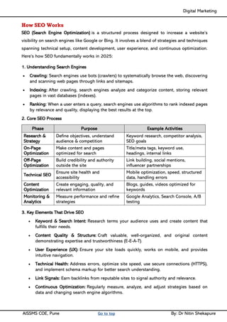 Digital Marketing ____
AISSMS COE, Pune Go to top By: Dr Nitin Shekapure
How SEO Works
SEO (Search Engine Optimization) is a structured process designed to increase a website’s
visibility on search engines like Google or Bing. It involves a blend of strategies and techniques
spanning technical setup, content development, user experience, and continuous optimization.
Here’s how SEO fundamentally works in 2025:
1. Understanding Search Engines
• Crawling: Search engines use bots (crawlers) to systematically browse the web, discovering
and scanning web pages through links and sitemaps.
• Indexing: After crawling, search engines analyze and categorize content, storing relevant
pages in vast databases (indexes).
• Ranking: When a user enters a query, search engines use algorithms to rank indexed pages
by relevance and quality, displaying the best results at the top.
2. Core SEO Process
Phase Purpose Example Activities
Research &
Strategy
Define objectives, understand
audience & competition
Keyword research, competitor analysis,
SEO goals
On-Page
Optimization
Make content and pages
optimized for search
Title/meta tags, keyword use,
headings, internal links
Off-Page
Optimization
Build credibility and authority
outside the site
Link building, social mentions,
influencer partnerships
Technical SEO
Ensure site health and
accessibility
Mobile optimization, speed, structured
data, handling errors
Content
Optimization
Create engaging, quality, and
relevant information
Blogs, guides, videos optimized for
keywords
Monitoring &
Analytics
Measure performance and refine
strategies
Google Analytics, Search Console, A/B
testing
3. Key Elements That Drive SEO
• Keyword & Search Intent: Research terms your audience uses and create content that
fulfills their needs.
• Content Quality & Structure: Craft valuable, well-organized, and original content
demonstrating expertise and trustworthiness (E-E-A-T).
• User Experience (UX): Ensure your site loads quickly, works on mobile, and provides
intuitive navigation.
• Technical Health: Address errors, optimize site speed, use secure connections (HTTPS),
and implement schema markup for better search understanding.
• Link Signals: Earn backlinks from reputable sites to signal authority and relevance.
• Continuous Optimization: Regularly measure, analyze, and adjust strategies based on
data and changing search engine algorithms.
 