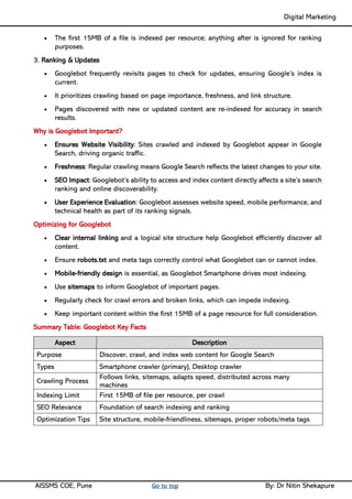 Digital Marketing ____
AISSMS COE, Pune Go to top By: Dr Nitin Shekapure
• The first 15MB of a file is indexed per resource; anything after is ignored for ranking
purposes.
3. Ranking & Updates
• Googlebot frequently revisits pages to check for updates, ensuring Google’s index is
current.
• It prioritizes crawling based on page importance, freshness, and link structure.
• Pages discovered with new or updated content are re-indexed for accuracy in search
results.
Why is Googlebot Important?
• Ensures Website Visibility: Sites crawled and indexed by Googlebot appear in Google
Search, driving organic traffic.
• Freshness: Regular crawling means Google Search reflects the latest changes to your site.
• SEO Impact: Googlebot’s ability to access and index content directly affects a site’s search
ranking and online discoverability.
• User Experience Evaluation: Googlebot assesses website speed, mobile performance, and
technical health as part of its ranking signals.
Optimizing for Googlebot
• Clear internal linking and a logical site structure help Googlebot efficiently discover all
content.
• Ensure robots.txt and meta tags correctly control what Googlebot can or cannot index.
• Mobile-friendly design is essential, as Googlebot Smartphone drives most indexing.
• Use sitemaps to inform Googlebot of important pages.
• Regularly check for crawl errors and broken links, which can impede indexing.
• Keep important content within the first 15MB of a page resource for full consideration.
Summary Table: Googlebot Key Facts
Aspect Description
Purpose Discover, crawl, and index web content for Google Search
Types Smartphone crawler (primary), Desktop crawler
Crawling Process
Follows links, sitemaps, adapts speed, distributed across many
machines
Indexing Limit First 15MB of file per resource, per crawl
SEO Relevance Foundation of search indexing and ranking
Optimization Tips Site structure, mobile-friendliness, sitemaps, proper robots/meta tags
 