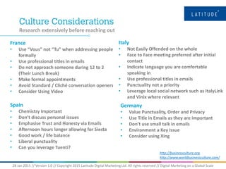 28 Jan 2015 // Version 1.0 // Copyright 2015 Latitude Digital Marketing Ltd. All rights reserved // Digital Marketing on a Global Scale
Germany
• Value Punctuality, Order and Privacy
• Use Title in Emails as they are important
• Don’t use small talk in emails
• Environment a Key Issue
• Consider using Xing
Research extensively before reaching out
Spain
• Chemistry Important
• Don’t discuss personal issues
• Emphasise Trust and Honesty via Emails
• Afternoon hours longer allowing for Siesta
• Good work / life balance
• Liberal punctuality
• Can you leverage Tuenti?
Italy
• Not Easily Offended on the whole
• Face to Face meeting preferred after initial
contact
• Indicate language you are comfortable
speaking in
• Use professional titles in emails
• Punctuality not a priority
• Leverage local social network such as ItalyLink
and Vinix where relevant
France
• Use “Vous” not “Tu” when addressing people
formally
• Use professional titles in emails
• Do not approach someone during 12 to 2
(Their Lunch Break)
• Make formal appointments
• Avoid Standard / Cliché conversation openers
• Consider Using Video
http://businessculture.org,
http://www.worldbusinessculture.com/
 