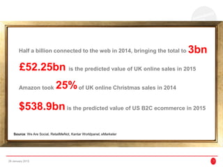 28 January 2015 7
3bnHalf a billion connected to the web in 2014, bringing the total to
£52.25bn is the predicted value of UK online sales in 2015
Amazon took of UK online Christmas sales in 201425%
is the predicted value of US B2C ecommerce in 2015$538.9bn
Source: We Are Social, RetailMeNot, Kantar Worldpanel, eMarketer
 