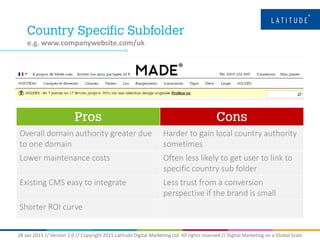 28 Jan 2015 // Version 1.0 // Copyright 2015 Latitude Digital Marketing Ltd. All rights reserved // Digital Marketing on a Global Scale
e.g. www.companywebsite.com/uk
Overall domain authority greater due
to one domain
Harder to gain local country authority
sometimes
Lower maintenance costs Often less likely to get user to link to
specific country sub folder
Existing CMS easy to integrate Less trust from a conversion
perspective if the brand is small
Shorter ROI curve
 