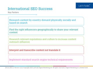 28 Jan 2015 // Version 1.0 // Copyright 2015 Latitude Digital Marketing Ltd. All rights reserved // Digital Marketing on a Global Scale
Key Factors
 