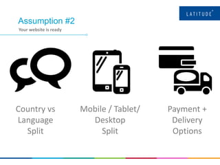 Assumption #2
Your website is ready
Country vs
Language
Split
Mobile / Tablet/
Desktop
Split
Payment +
Delivery
Options
 