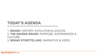 TODAY’S AGENDA
1. BRAND: HISTORY, EVOLUTION & LEXICON
2. THE SHARED BRAND: PURPOSE, EXPERIENCES &
CULTURE
3. BRAND STORYTELLING: NARRATIVE & VIDEO
 