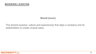 MODERN LEXICON
Brand (noun)
The shared purpose, culture and experiences that align a company and its
stakeholders to create mutual value.
25
 