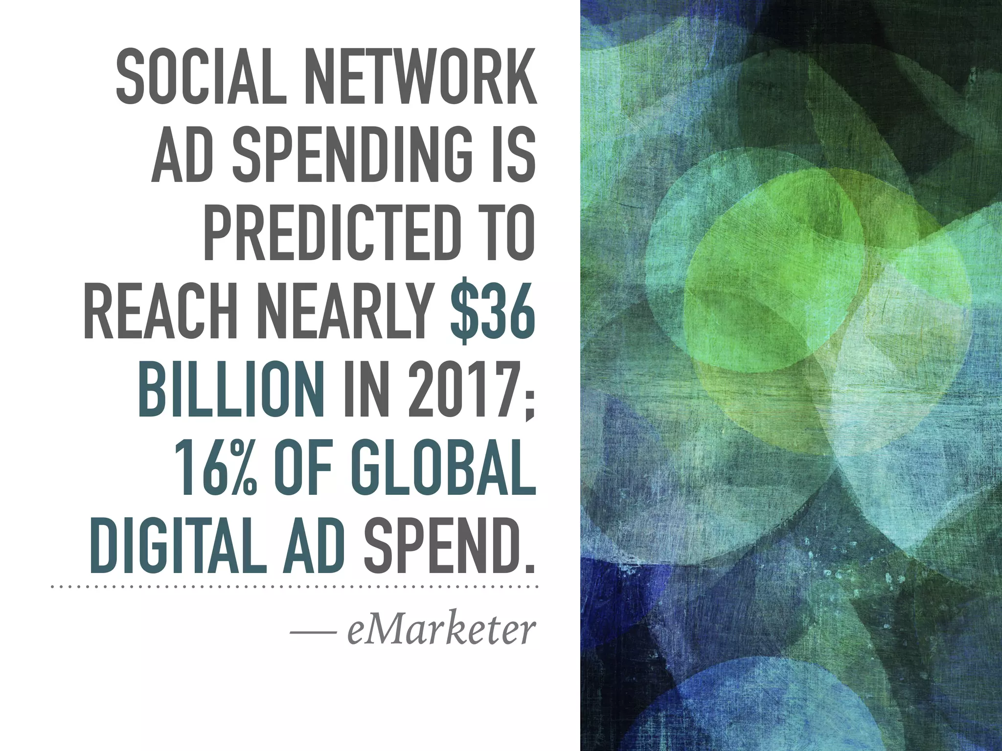 SOCIAL NETWORK
AD SPENDING IS
PREDICTED TO
REACH NEARLY $36
BILLION IN 2017;
16% OF GLOBAL
DIGITAL AD SPEND.
— eMarketer
 