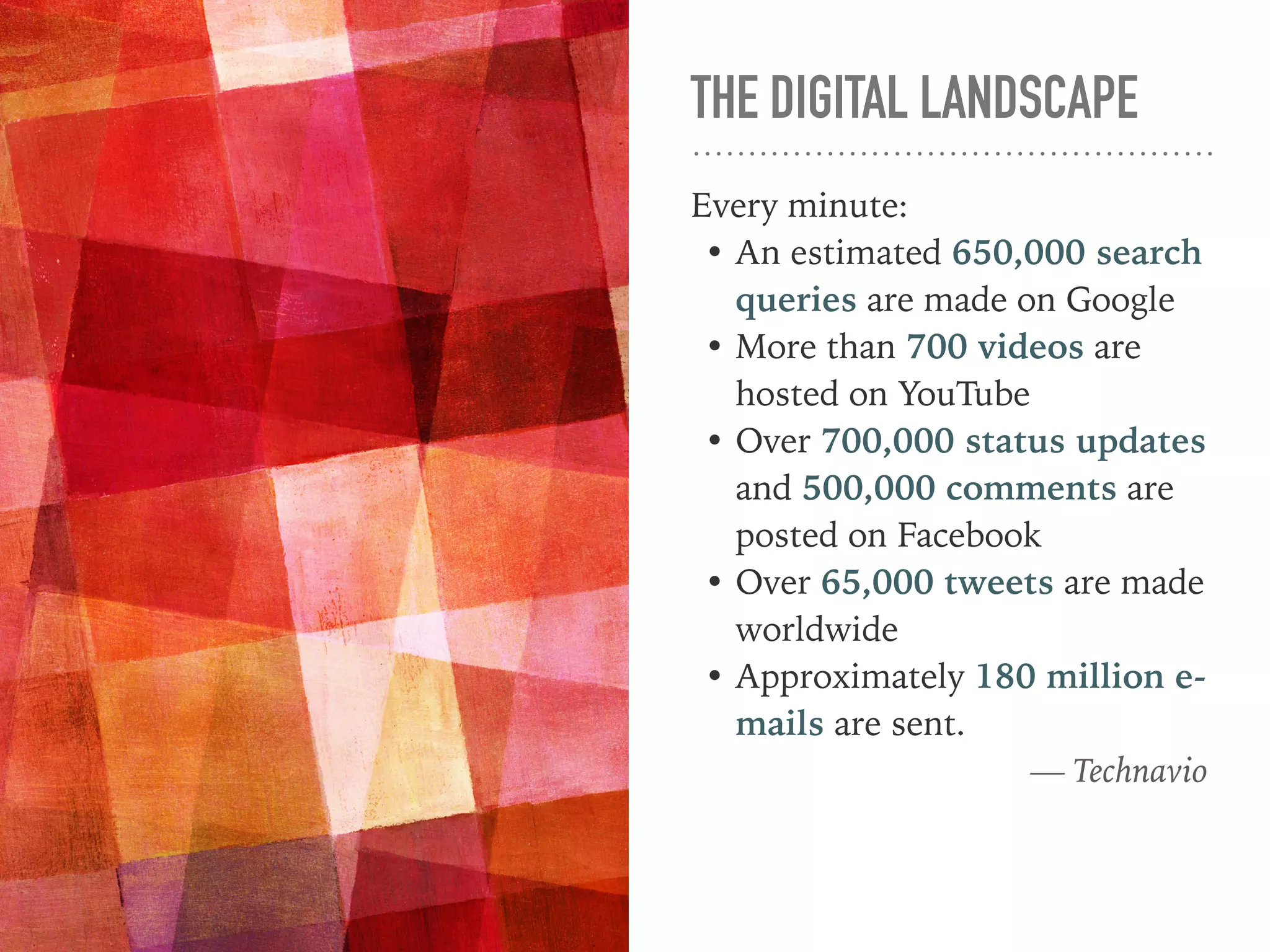 THE DIGITAL LANDSCAPE
Every minute:
• An estimated 650,000 search
queries are made on Google
• More than 700 videos are
hosted on YouTube
• Over 700,000 status updates
and 500,000 comments are
posted on Facebook
• Over 65,000 tweets are made
worldwide
• Approximately 180 million e-
mails are sent.
— Technavio
 