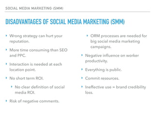 SOCIAL MEDIA MARKETING (SMM)
DISADVANTAGES OF SOCIAL MEDIA MARKETING (SMM)
‣ Wrong strategy can hurt your
reputation.
‣ More time consuming than SEO
and PPC.
‣ Interaction is needed at each
location point.
‣ No short term ROI.
‣ No clear deﬁnition of social
media ROI.
‣ Risk of negative comments.
‣ ORM processes are needed for
big social media marketing
campaigns.
‣ Negative inﬂuence on worker
productivity.
‣ Everything is public.
‣ Commit resources.
‣ Ineffective use = brand credibility
loss.
 