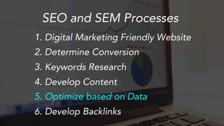 SEO and SEM Processes
1.  Digital Marketing Friendly Website
2.  Determine Conversion
3.  Keywords Research
4.  Develop Content
5.  Optimize based on Data
6.  Develop Backlinks
 
