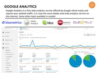 Google Analytics is a free web analytics service offered by Google which tracks and
reports your website traffic. It is now the most widely used web analytics service on
the internet. Some other tools available in market
GOOGLE ANALYTICS
9
 