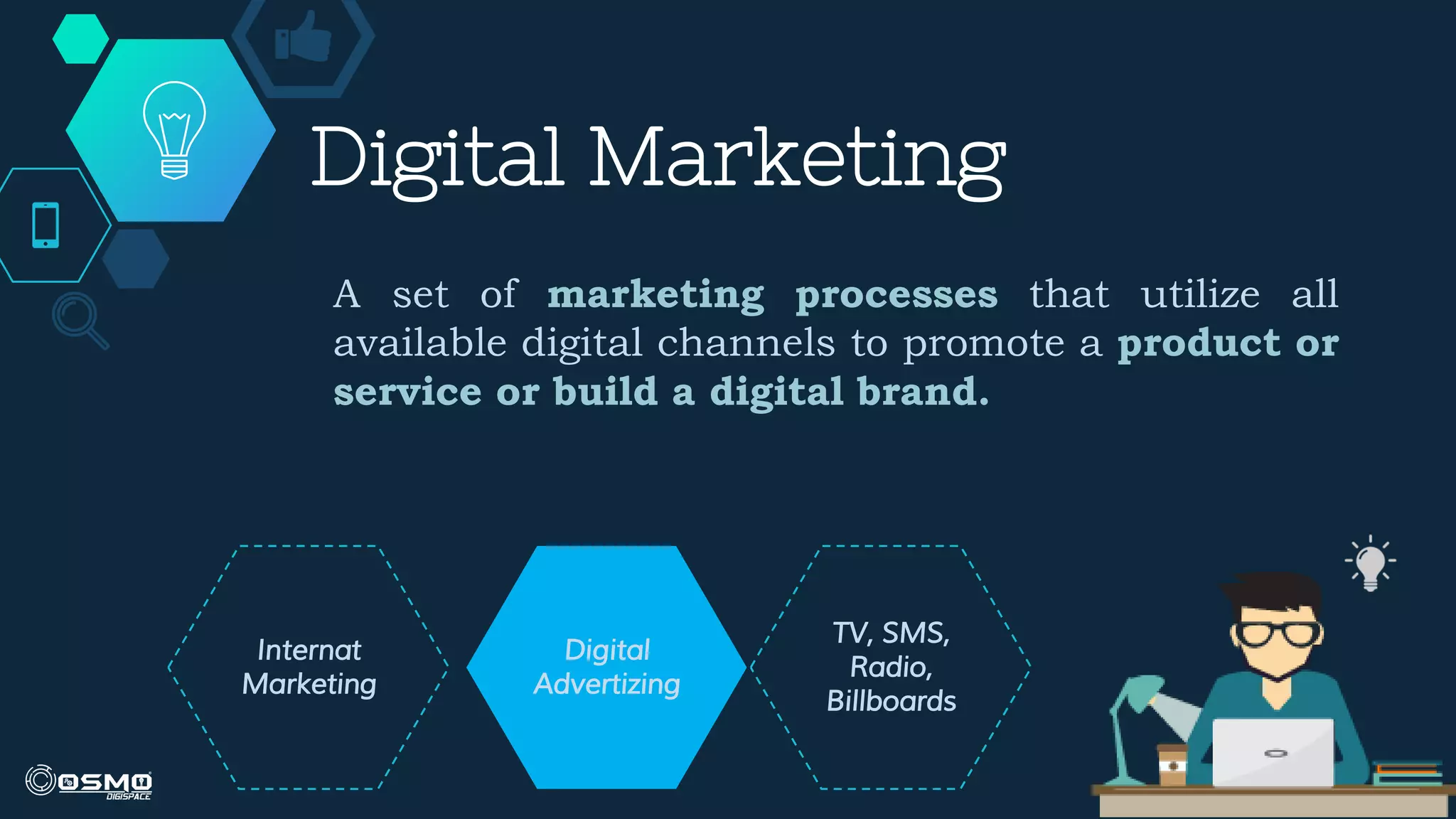 Digital Marketing
A set of marketing processes that utilize all
available digital channels to promote a product or
service or build a digital brand.
Digital
Advertizing
Internat
Marketing
TV, SMS,
Radio,
Billboards
 
