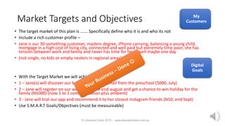 Market Targets and Objectives
• The target market of this plan is ……. Specifically define who it is and who its not
• Include a rich customer profile –
• Jane is our 30 something customer, masters degree, iPhone carrying, balancing a young child,
mortgage in a high cost of living city, connected and well paid but extremely time poor, she has
tension between work and family and never has time for her – well maybe one day
• (not single, no kids or empty nesters in regional areas)
• With the Target Market we will achieve……..
• 1 – Jane(s) will discover our brand through an email from the preschool (5000, July)
• 2 – Jane will register on our website before end august and get a chance to win holiday for the
family (N1000) (now 1 to 1 communication plus ambient)
• 3 - Jane will trial our app and recommend it to her closest instagram friends (N10, end Sept)
• Use S.M.A.R.T Goals/Objectives (must be measureable)
© Liberated Vision 2015 - www.liberatedvision.com.au
My
Customers
Digital
Goals
My
Customers
 