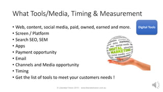 What Tools/Media, Timing & Measurement
• Web, content, social media, paid, owned, earned and more.
• Screen / Platform
• Search SEO, SEM
• Apps
• Payment opportunity
• Email
• Channels and Media opportunity
• Timing
• Get the list of tools to meet your customers needs !
© Liberated Vision 2015 - www.liberatedvision.com.au
Digital Tools
 
