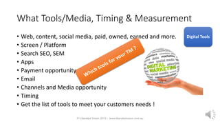 What Tools/Media, Timing & Measurement
• Web, content, social media, paid, owned, earned and more.
• Screen / Platform
• Search SEO, SEM
• Apps
• Payment opportunity
• Email
• Channels and Media opportunity
• Timing
• Get the list of tools to meet your customers needs !
© Liberated Vision 2015 - www.liberatedvision.com.au
Digital Tools
 