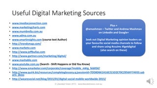 Useful Digital Marketing Sources
• www.imediaconnection.com
• www.marketingcharts.com
• www.mumbrella.com.au
• www.adma.com.au
• www.smartinsights.com (course text Author)
• http://trendsmap.com/
• www.marketo.com
• http://www.jeffbullas.com
• http://www.gartner.com/marketing/digital/
• www.mashable.com
• www.youtube.com.au (Search - Shift Happens or Did You Know)
• http://www.emarketer.com/corporate/coverage?mobile_mktg_feb05#/
• http://www.quirk.biz/resources/completeglossary.q;jsessionid=7DD8D661A16E215D2E70C2956FF7AF03.syb
aris_jboss
• http://wearesocial.net/blog/2015/01/digital-social-mobile-worldwide-2015/
© Liberated Vision 2015 - www.liberatedvision.com.au
Plus +
@amashman – Twitter and Andrew Mashman
on LinkedIn and Google+
Seek out Digital Marketing opinion leaders on
your favourite social media channels to follow
and share using #csuimc #igetdigital
(also search on these)
 