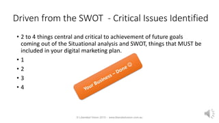 Driven from the SWOT - Critical Issues Identified
• 2 to 4 things central and critical to achievement of future goals
coming out of the Situational analysis and SWOT, things that MUST be
included in your digital marketing plan.
• 1
• 2
• 3
• 4
© Liberated Vision 2015 - www.liberatedvision.com.au
 