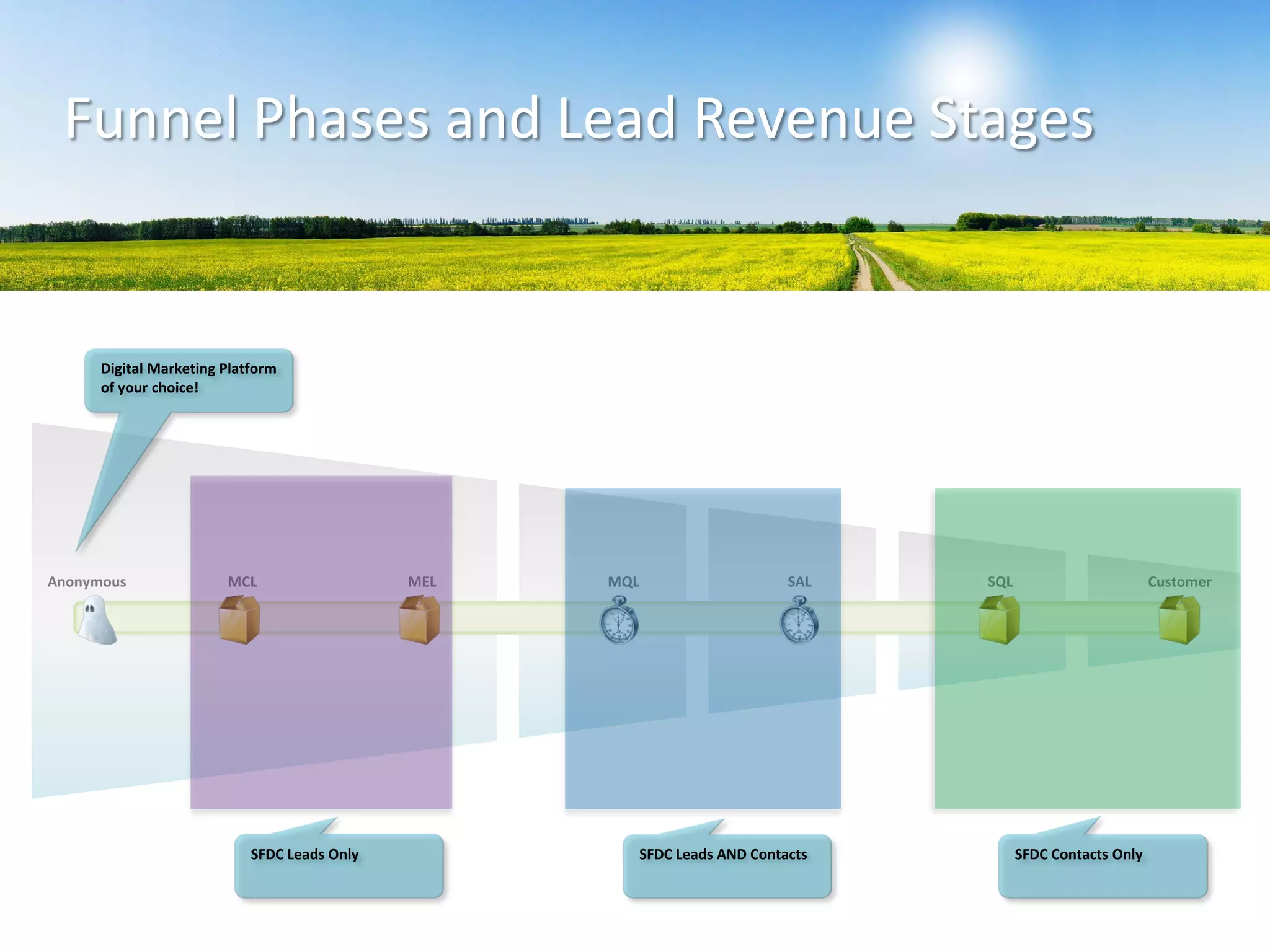 Anonymous MCL MEL MQL SAL SQL Customer
SFDC Contacts OnlySFDC Leads AND ContactsSFDC Leads Only
Digital Marketing Platform
of your choice!
Funnel Phases and Lead Revenue Stages
 
