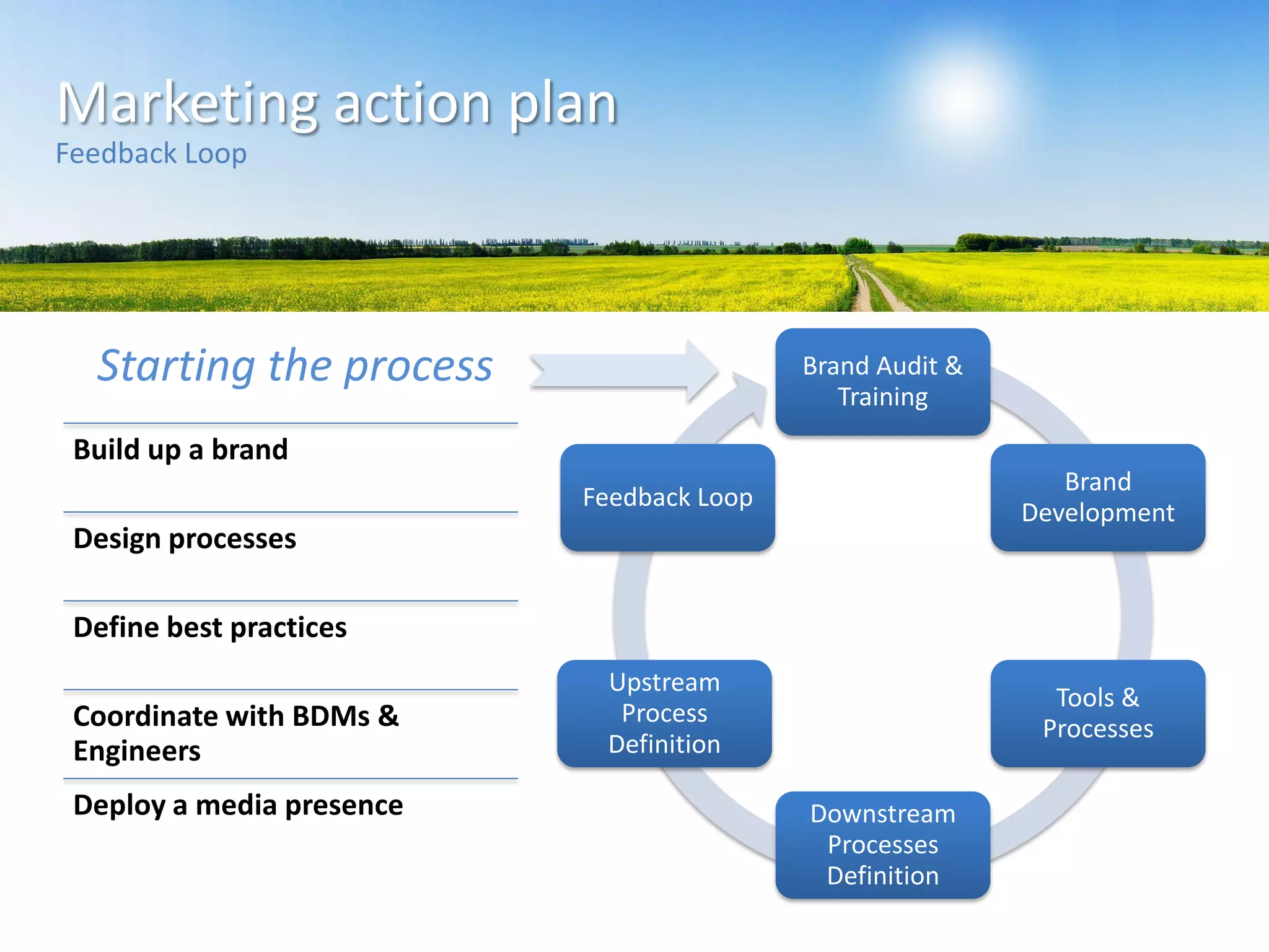 Brand Audit &
Training
Brand
Development
Tools &
Processes
Downstream
Processes
Definition
Upstream
Process
Definition
Feedback Loop
Marketing action plan
Feedback Loop
Starting the process
Build up a brand
Design processes
Define best practices
Coordinate with BDMs &
Engineers
Deploy a media presence
 