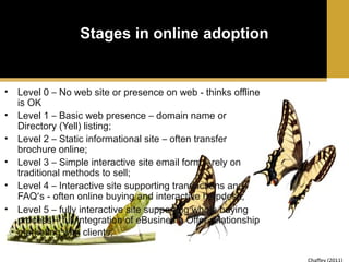 Stages in online adoption

• Level 0 – No web site or presence on web - thinks offline
is OK
• Level 1 – Basic web presence – domain name or
Directory (Yell) listing;
• Level 2 – Static informational site – often transfer
brochure online;
• Level 3 – Simple interactive site email form – rely on
traditional methods to sell;
• Level 4 – Interactive site supporting transactions and
FAQ’s - often online buying and interactive helpdesk;
• Level 5 – fully interactive site supporting whole buying
process – full integration of eBusiness. Offer relationship
marketing with clients;

 