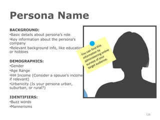 Persona Name
BACKGROUND:
•Basic details about persona’s role
•Key information about the persona’s
company
is
•Relevant background info, like education
d th
fin y
e
or hobbies
can tion b onlin
a
Yo u
ng
rm eri
r
info inist f you .
e
adm veys o dienc
sur et au
g
tar

DEMOGRAPHICS:
•Gender
•Age Range
•HH Income (Consider a spouse’s income,
if relevant)
•Urbanicity (Is your persona urban,
suburban, or rural?)
IDENTIFIERS:
•Buzz words
•Mannerisms

128

 