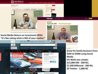 Social Search

Social Media Return on Investment (ROI):
"It's like asking what is ROI of your mother"

Grew his family business from
$4M to $50M using Social
Media
His Math was simple:
$15,000 DM - 200 NC;
$7,500 Billboard - 300 NC;
$0 Twitter - 1,800 NC

 