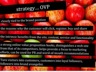 ategy… OVP
str
closely tied to the brand position

the reasons why the customer will click, register, buy and share
the intrinsic benefits from the site, content, service and functionality
a strong online value proposition hooks, distinguishes a web site
from that of its competitors, helps provide a focus to marketing
efforts, can be used for PR and word-of-mouth recommendations
Turn visitors into customers, customers into loyal followers,
followers into brand evangelist.

 