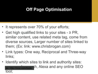 Off Page Optimisation

• It represents over 70% of your efforts;
• Get high qualified links to your sites - ≥ PR,
similar content, use related meta tag, come from
diverse sources, Larger number of sites linked to
them; (Ex: link: www.chrisbrogan.com)
• Link types: One way, Reciprocal and Three-way
links;
• Identify which sites to link and authority sites:
use google search, Alexa and any online SEO
ex. http://moz.com/tools
tool;

 