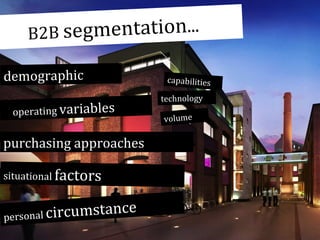 gmentation...
B2B se
demographic

capabilities
technology

operating variables

volume

purchasing approaches
situational factors

ce

tan
rsonal circums
pe

 