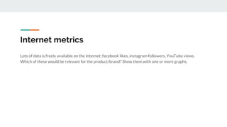 Internet metrics
Lots of data is freely available on the Internet: facebook likes, instagram followers, YouTube views.
Which of these would be relevant for the product/brand? Show them with one or more graphs.
 