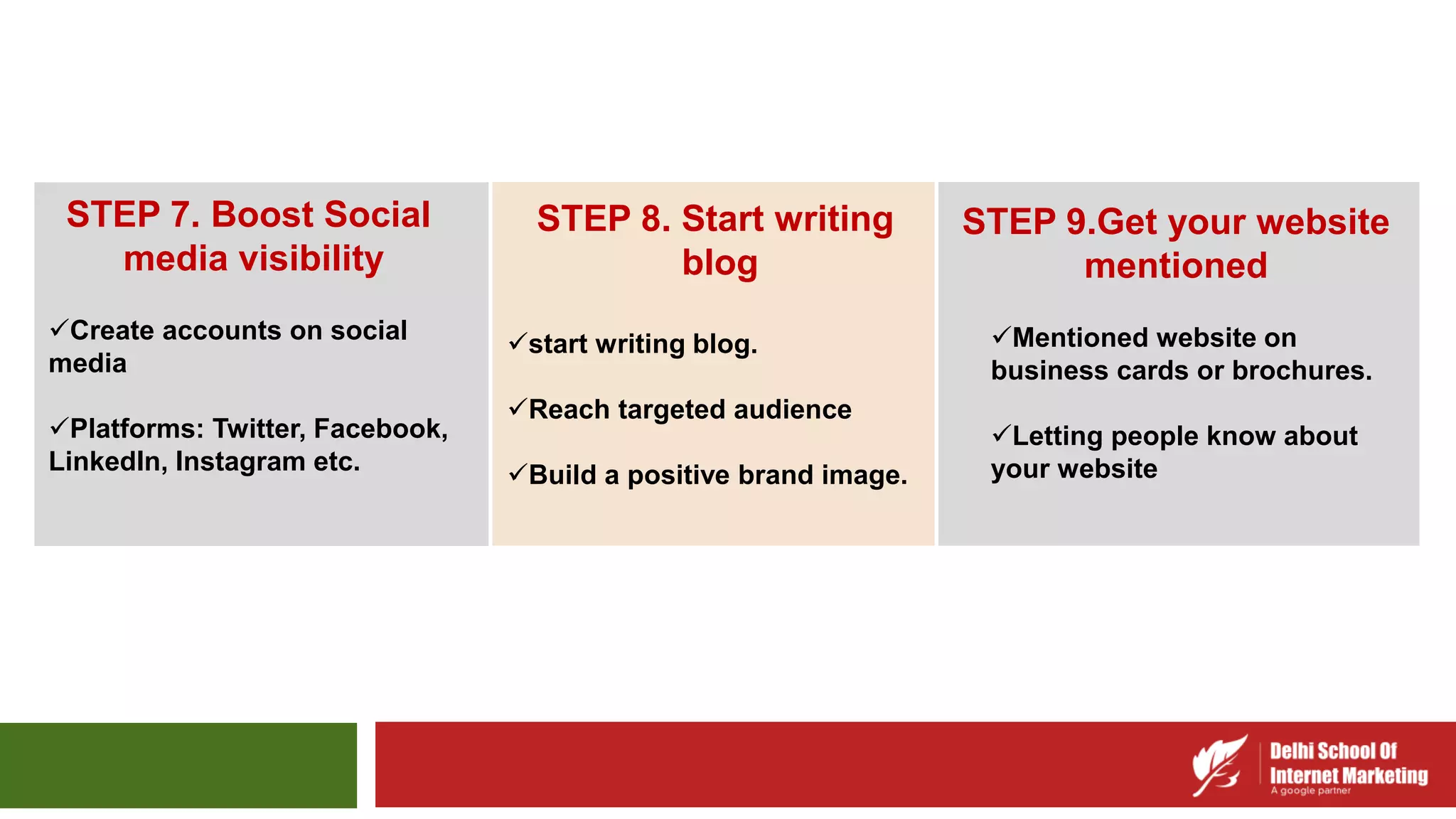 STEP 7. Boost Social
media visibility
Create accounts on social
media
Platforms: Twitter, Facebook,
LinkedIn, Instagram etc.
STEP 8. Start writing
blog
start writing blog.
Reach targeted audience
Build a positive brand image.
STEP 9.Get your website
mentioned
Mentioned website on
business cards or brochures.
Letting people know about
your website
 