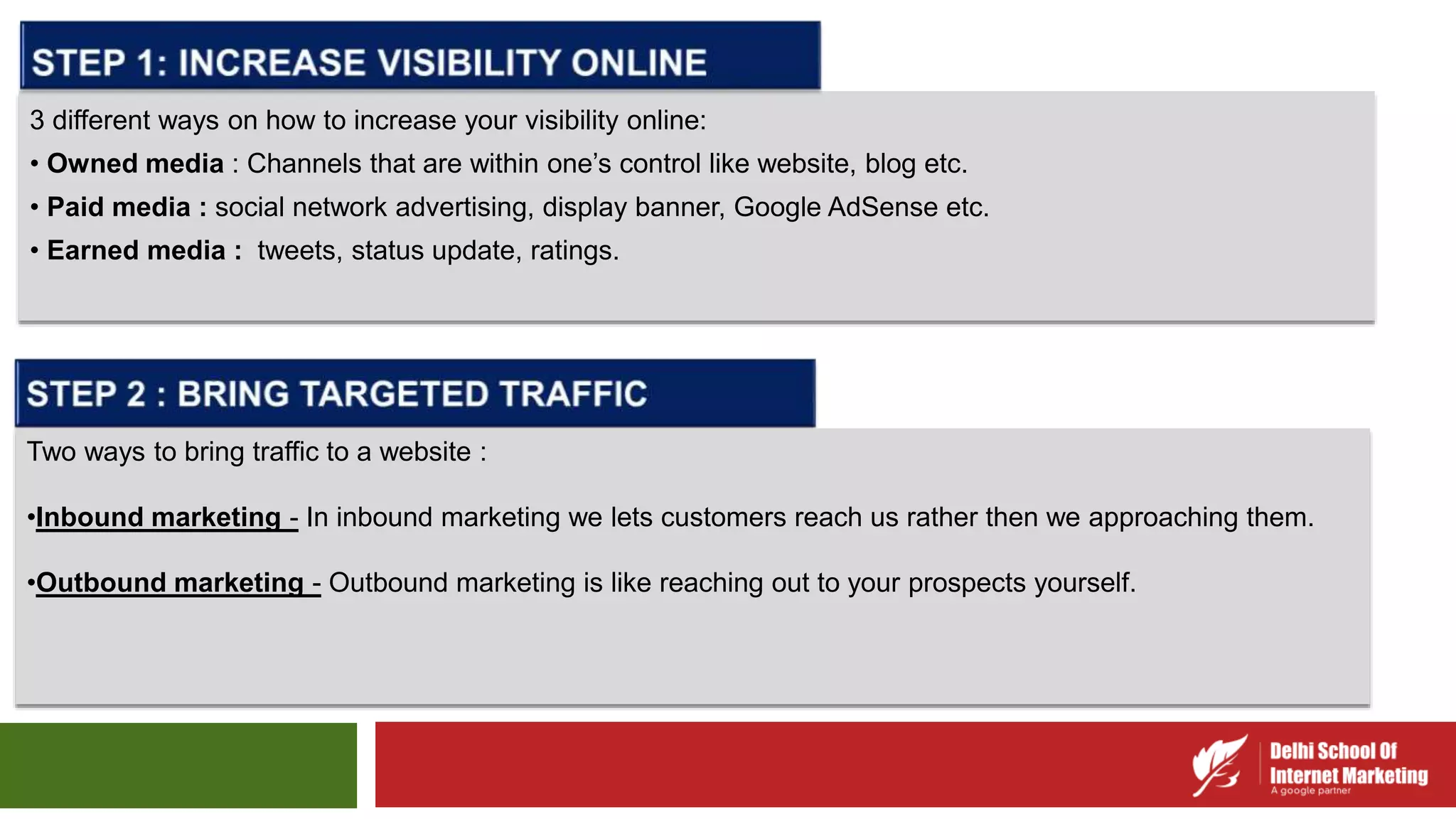 3 different ways on how to increase your visibility online:
• Owned media : Channels that are within one’s control like website, blog etc.
• Paid media : social network advertising, display banner, Google AdSense etc.
• Earned media : tweets, status update, ratings.
Two ways to bring traffic to a website :
•Inbound marketing - In inbound marketing we lets customers reach us rather then we approaching them.
•Outbound marketing - Outbound marketing is like reaching out to your prospects yourself.
 