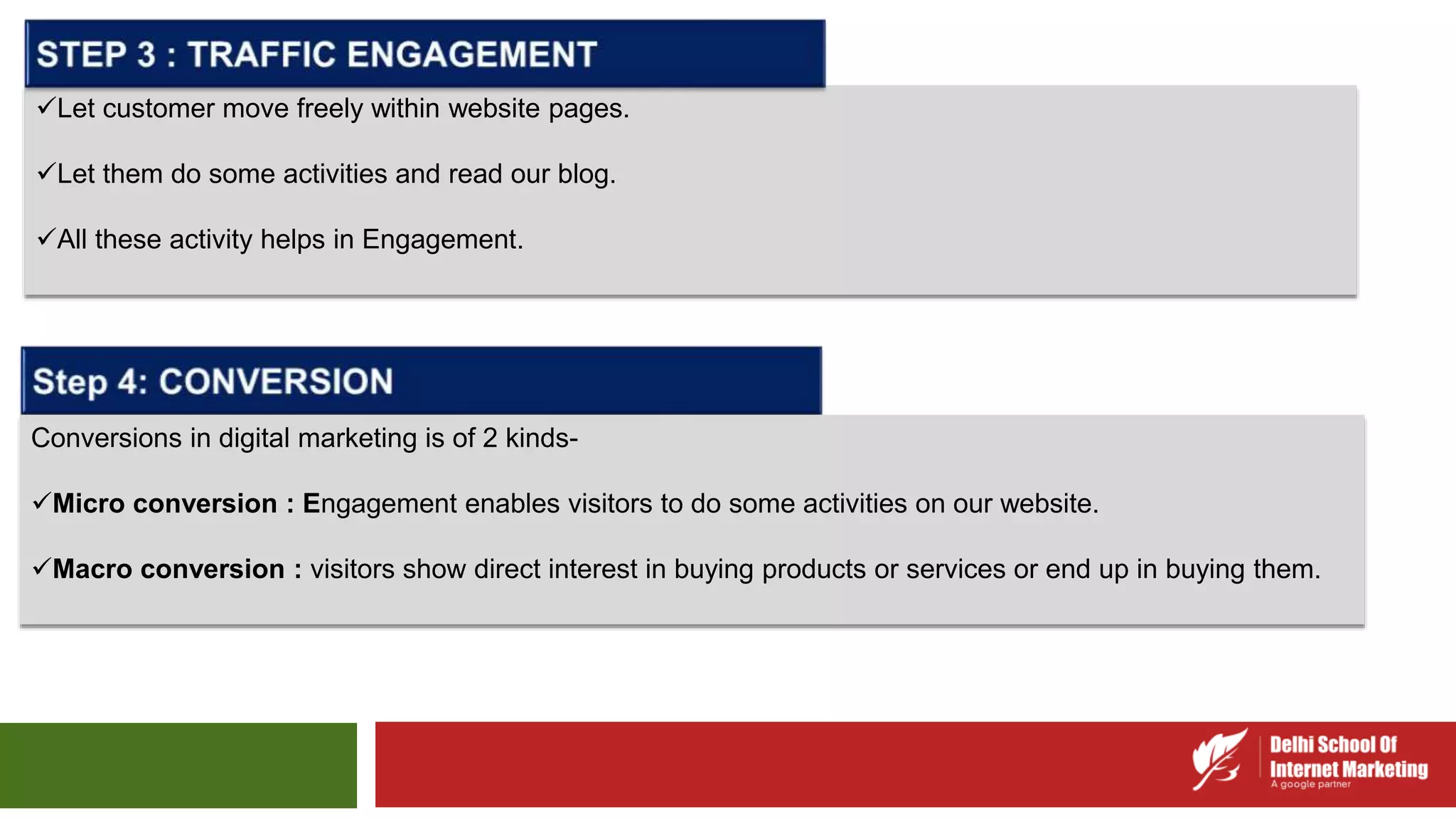 Let customer move freely within website pages.
Let them do some activities and read our blog.
All these activity helps in Engagement.
Conversions in digital marketing is of 2 kinds-
Micro conversion : Engagement enables visitors to do some activities on our website.
Macro conversion : visitors show direct interest in buying products or services or end up in buying them.
 