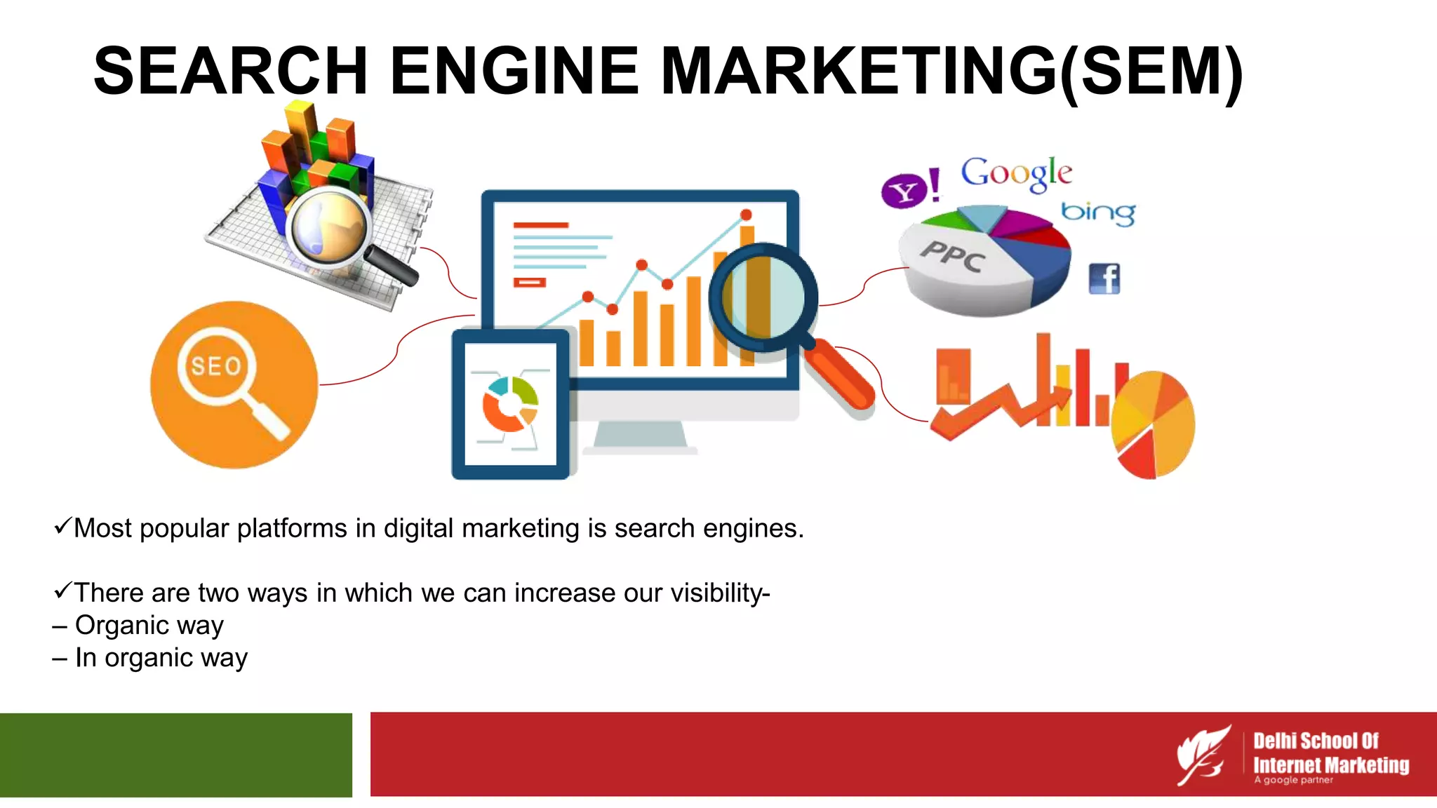 SEARCH ENGINE MARKETING(SEM)
Most popular platforms in digital marketing is search engines.
There are two ways in which we can increase our visibility-
– Organic way
– In organic way
 