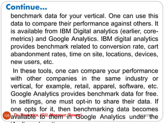 Continue…
2/17/2021
Dr. Ravindra, IGU, Meerpur, Rewari
128
benchmark data for your vertical. One can use this
data to compare their performance against others. It
is available from IBM Digital analytics (earlier, core-
metrics) and Google Analytics. IBM digital analytics
provides benchmark related to conversion rate, cart
abandonment rates, time on site, locations, devices,
new users, etc.
In these tools, one can compare your performance
with other companies in the same industry or
vertical, for example, retail, apparel, software, etc.
Google Analytics provides benchmark data for free.
In settings, one must opt-in to share their data. If
one opts for it, then benchmarking data becomes
available to them in Google Analytics under the
 