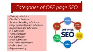 • Directory submission
• Classified submissiom
• Social bookmarking submission
• Image optimisation and submission
• Blog creation and submission
• PPT submission
• Video submission
• PDF submission
• Article submission
• Press release submission
• Profile submission
• Blog commenting
 
